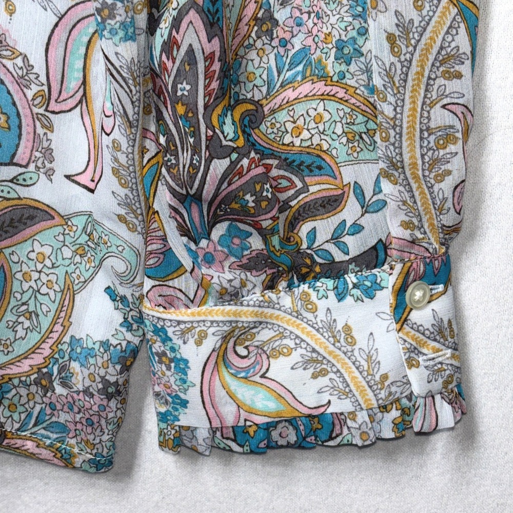 LOFT Paisley Floral Tie Neck Blouse Blue Pink Teal Size XL Sheer‎ Feminine Boho - Picture 9 of 9